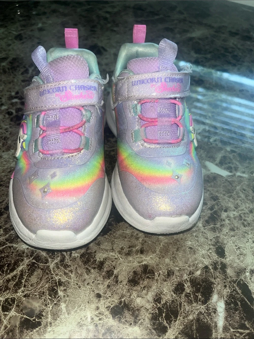 Skechers Girls Unicorn Chaser Glitter Sneakers - Pink & Rainbow light up